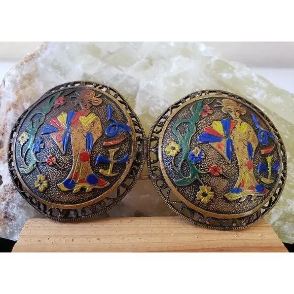 Vintage 1920s Enamel Asian Chinoiserie Belt Buckle or Clasp, Two Part, Geisha Vintage 1920s Enamel Asian Chinoiserie Belt Buckle or Clasp  main image 3